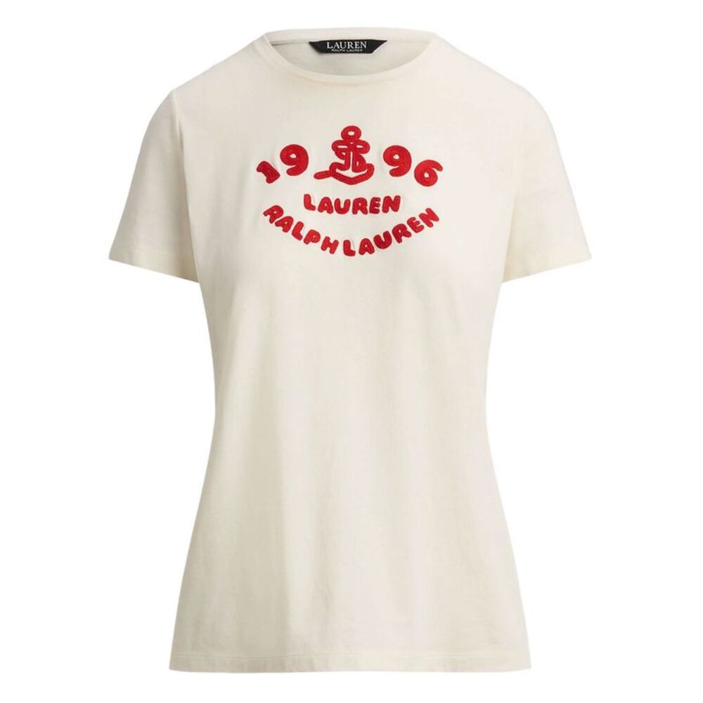 Lauren Ralph Lauren Womens Embroidered-Logo Cotton Jersey T-Shirt M Cream - NWT